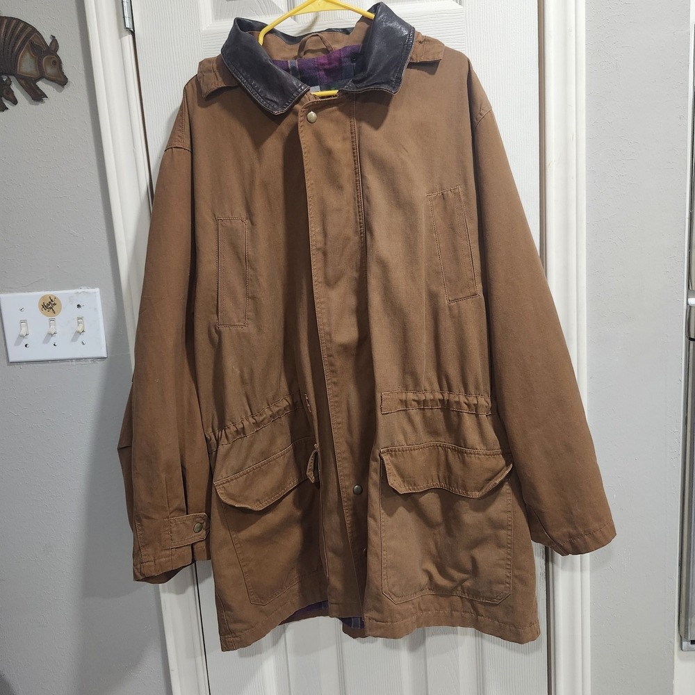 Vintage 90s Brown Field Jacket‎ Leather Collar Plaid Lined Workwear XL Coat